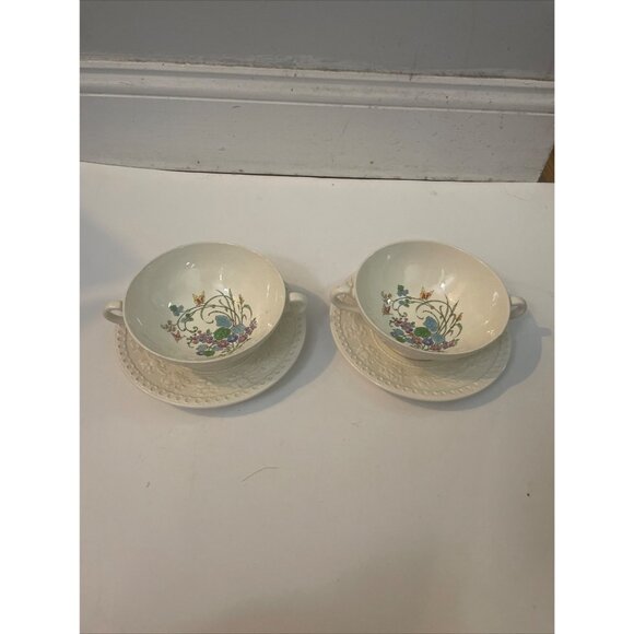 Wellesley Wedgewood Montreal Double Handled Soup Bowls & Saucers Set Of 2 Floral - Picture 1 of 9